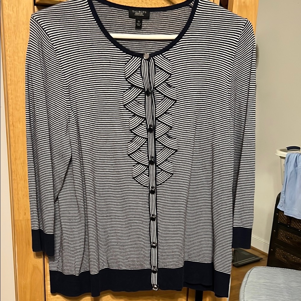 Navy and white cardigan with a very interesting bow type front.